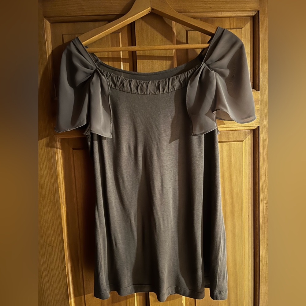 NY & Co brown shirt with unique flutter sleeve and square neckline, L